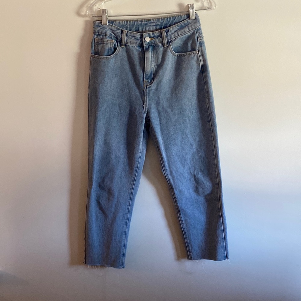 Shein, high rise, light wash denim raw hem